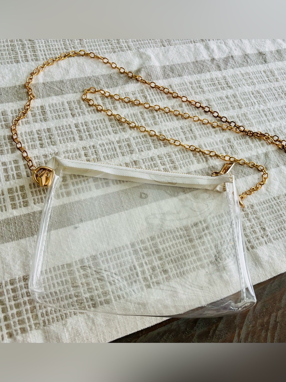 Clear Crossbody Bag with Adjustable Gold Chain - White Trim